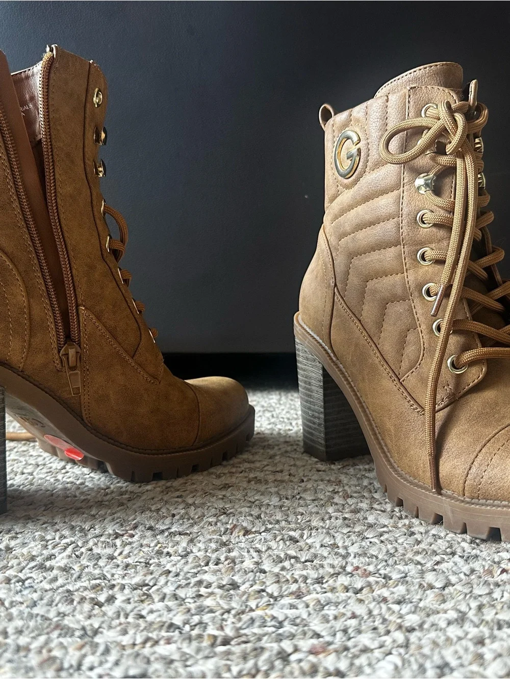 GBG Los Angeles Camel Lace-Up Lug Heel Ankle Boots